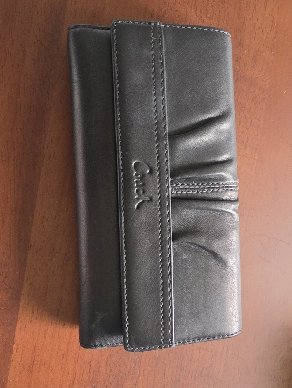 Coach Black Leather Fold Wallet with Pleated Detail